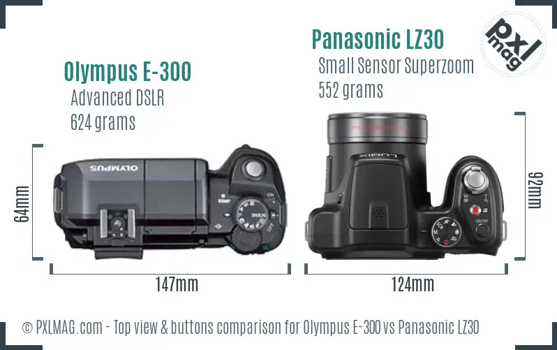 Olympus E-300 vs Panasonic LZ30 top view buttons comparison