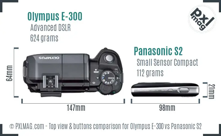 Olympus E-300 vs Panasonic S2 top view buttons comparison