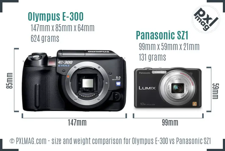 Olympus E-300 vs Panasonic SZ1 size comparison