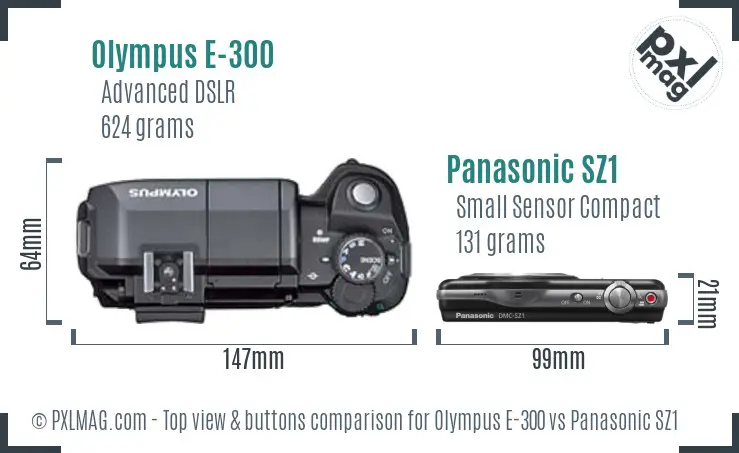 Olympus E-300 vs Panasonic SZ1 top view buttons comparison