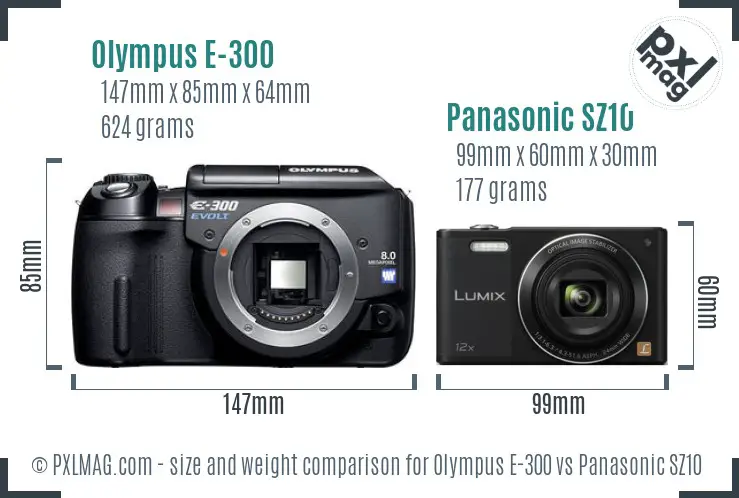 Olympus E-300 vs Panasonic SZ10 size comparison