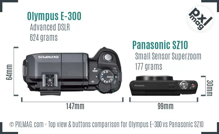 Olympus E-300 vs Panasonic SZ10 top view buttons comparison