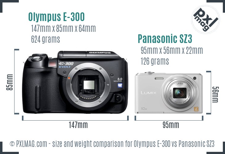 Olympus E-300 vs Panasonic SZ3 size comparison