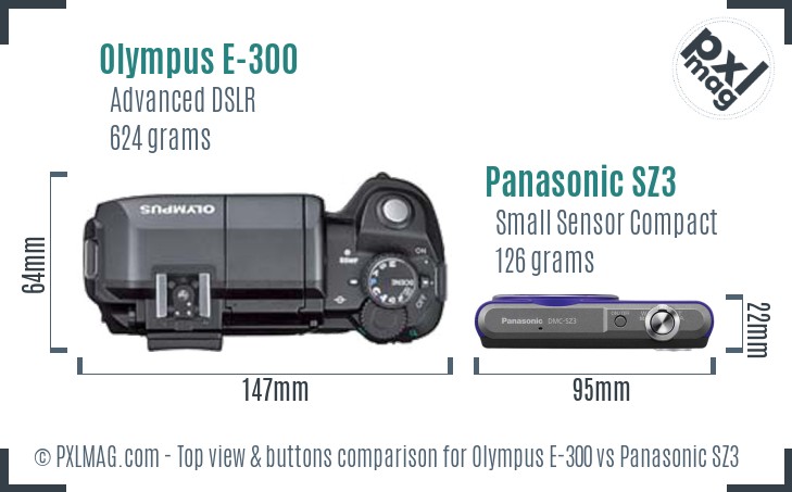 Olympus E-300 vs Panasonic SZ3 top view buttons comparison