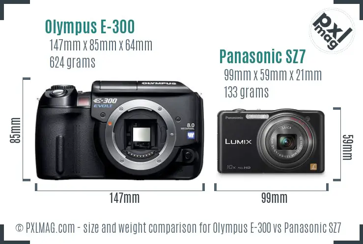 Olympus E-300 vs Panasonic SZ7 size comparison