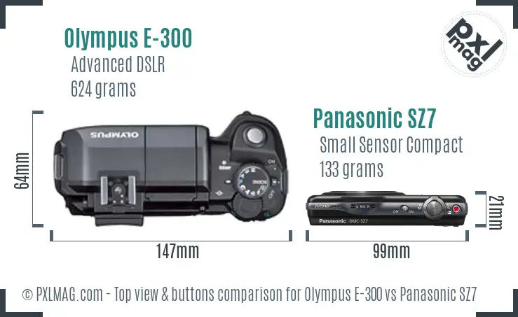 Olympus E-300 vs Panasonic SZ7 top view buttons comparison