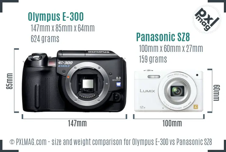 Olympus E-300 vs Panasonic SZ8 size comparison