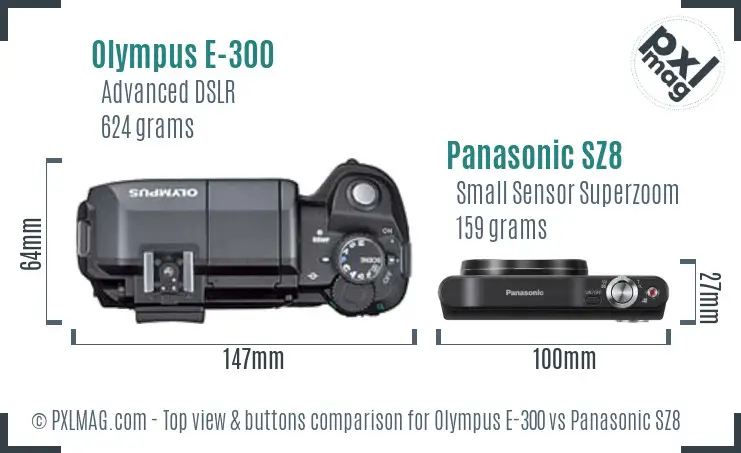 Olympus E-300 vs Panasonic SZ8 top view buttons comparison