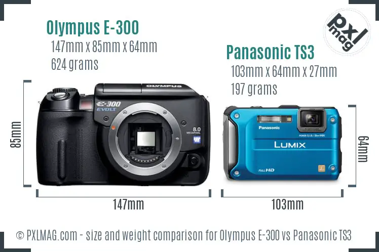 Olympus E-300 vs Panasonic TS3 size comparison