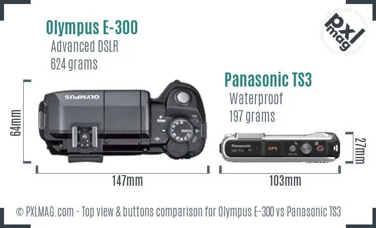 Olympus E-300 vs Panasonic TS3 top view buttons comparison