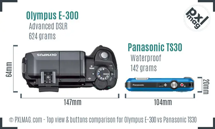 Olympus E-300 vs Panasonic TS30 top view buttons comparison