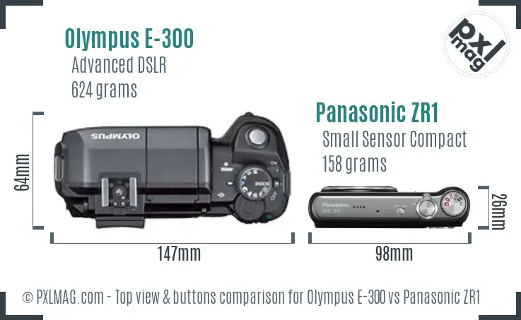 Olympus E-300 vs Panasonic ZR1 top view buttons comparison