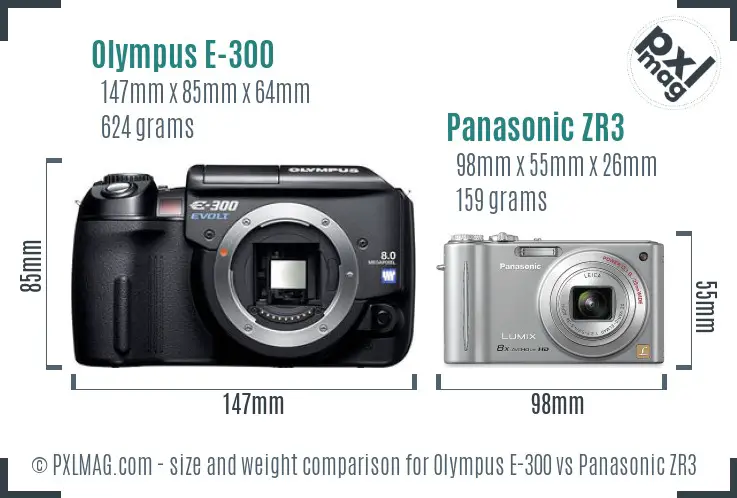 Olympus E-300 vs Panasonic ZR3 size comparison