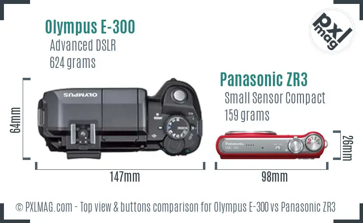 Olympus E-300 vs Panasonic ZR3 top view buttons comparison