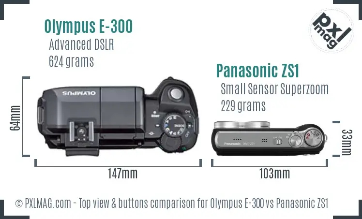 Olympus E-300 vs Panasonic ZS1 top view buttons comparison