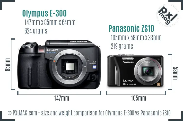 Olympus E-300 vs Panasonic ZS10 size comparison