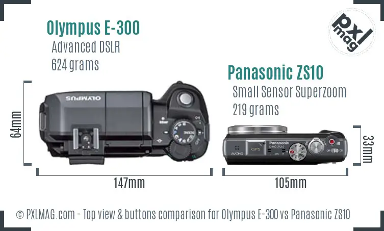 Olympus E-300 vs Panasonic ZS10 top view buttons comparison