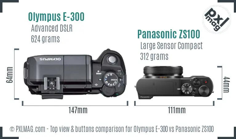 Olympus E-300 vs Panasonic ZS100 top view buttons comparison