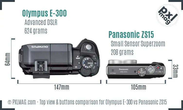 Olympus E-300 vs Panasonic ZS15 top view buttons comparison