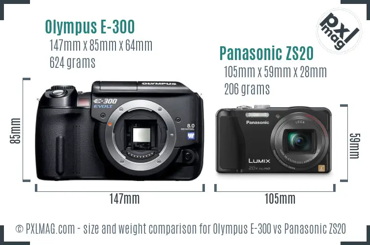 Olympus E-300 vs Panasonic ZS20 size comparison