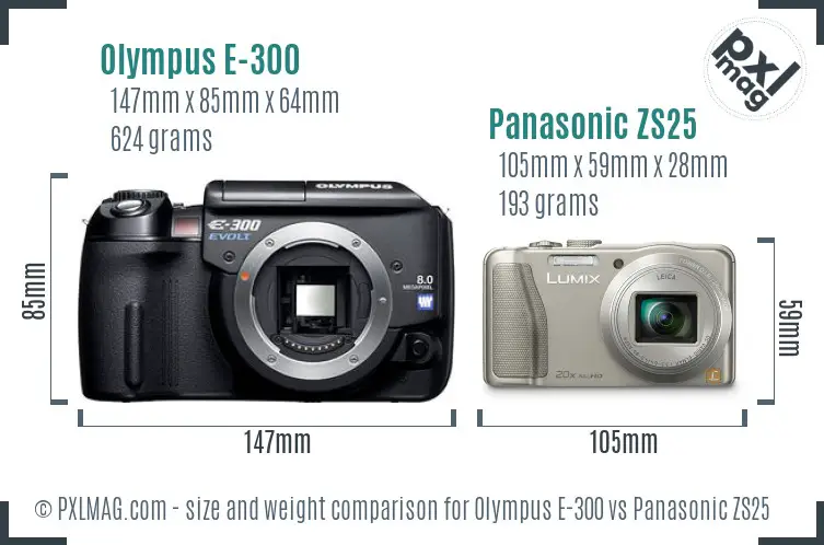 Olympus E-300 vs Panasonic ZS25 size comparison