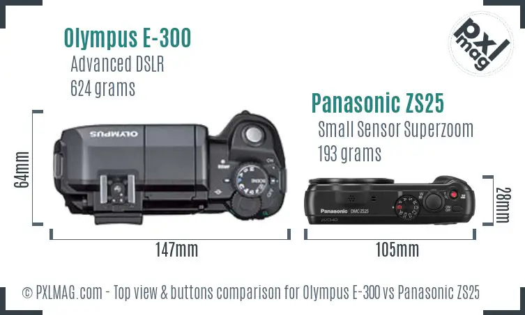 Olympus E-300 vs Panasonic ZS25 top view buttons comparison
