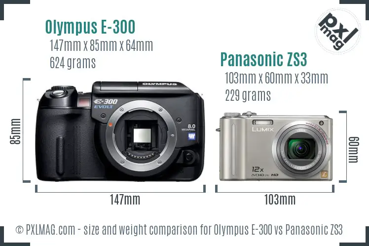 Olympus E-300 vs Panasonic ZS3 size comparison