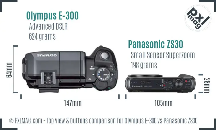 Olympus E-300 vs Panasonic ZS30 top view buttons comparison