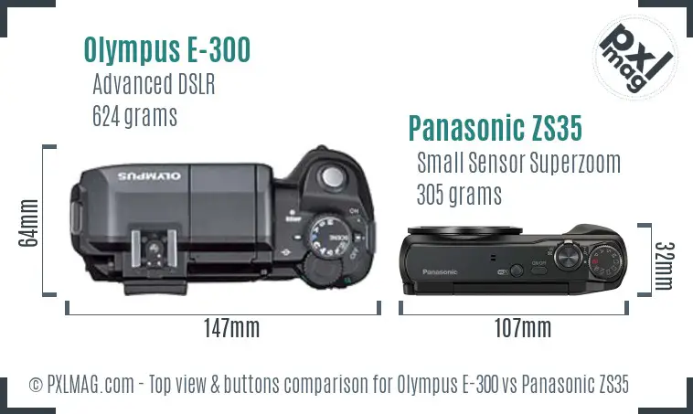 Olympus E-300 vs Panasonic ZS35 top view buttons comparison