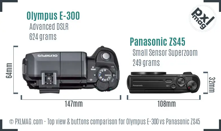 Olympus E-300 vs Panasonic ZS45 top view buttons comparison
