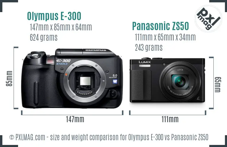 Olympus E-300 vs Panasonic ZS50 size comparison