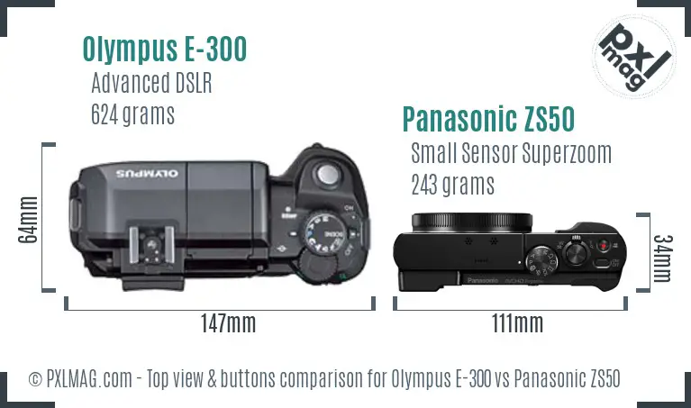 Olympus E-300 vs Panasonic ZS50 top view buttons comparison