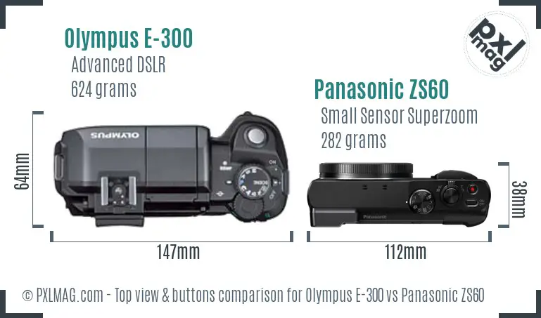 Olympus E-300 vs Panasonic ZS60 top view buttons comparison