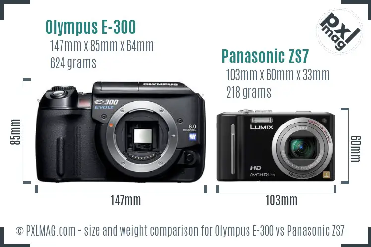 Olympus E-300 vs Panasonic ZS7 size comparison