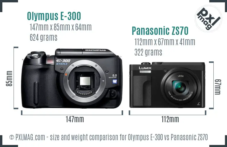 Olympus E-300 vs Panasonic ZS70 size comparison