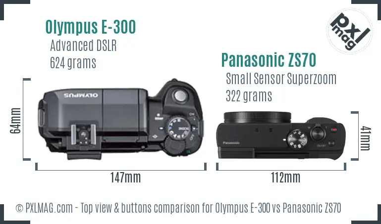 Olympus E-300 vs Panasonic ZS70 top view buttons comparison