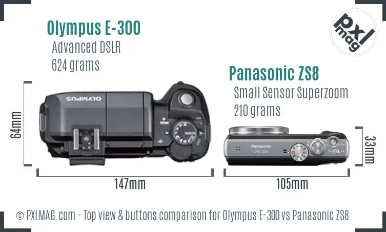 Olympus E-300 vs Panasonic ZS8 top view buttons comparison
