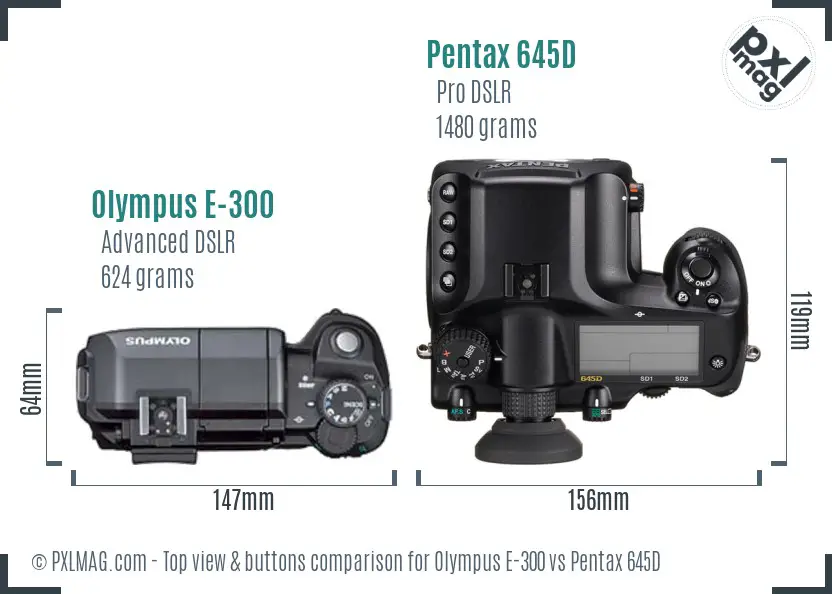Olympus E-300 vs Pentax 645D top view buttons comparison