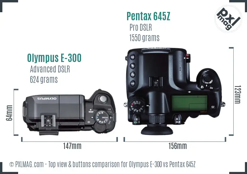 Olympus E-300 vs Pentax 645Z top view buttons comparison