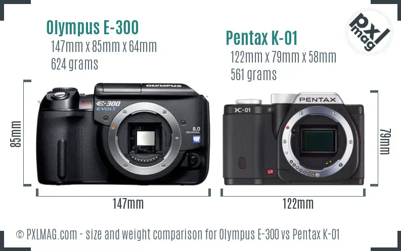 Olympus E-300 vs Pentax K-01 size comparison