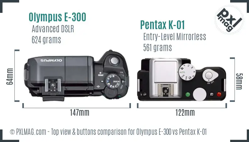 Olympus E-300 vs Pentax K-01 top view buttons comparison