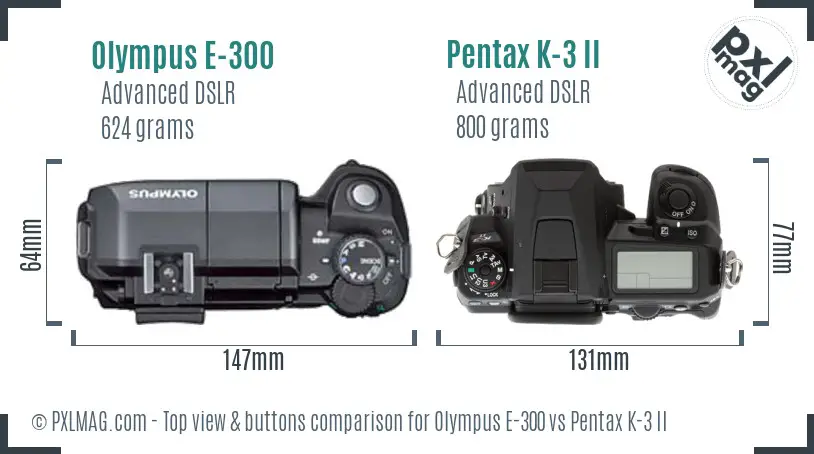 Olympus E-300 vs Pentax K-3 II top view buttons comparison