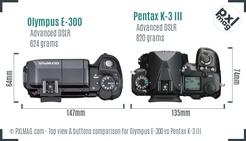 Olympus E-300 vs Pentax K-3 III top view buttons comparison