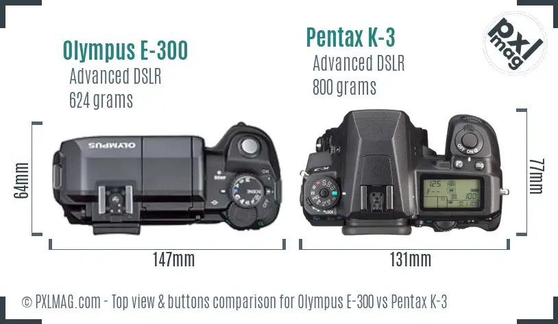 Olympus E-300 vs Pentax K-3 top view buttons comparison