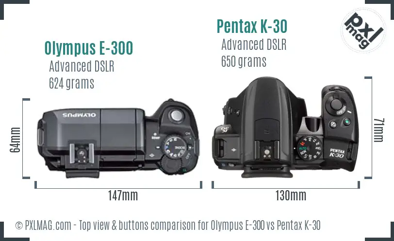 Olympus E-300 vs Pentax K-30 top view buttons comparison