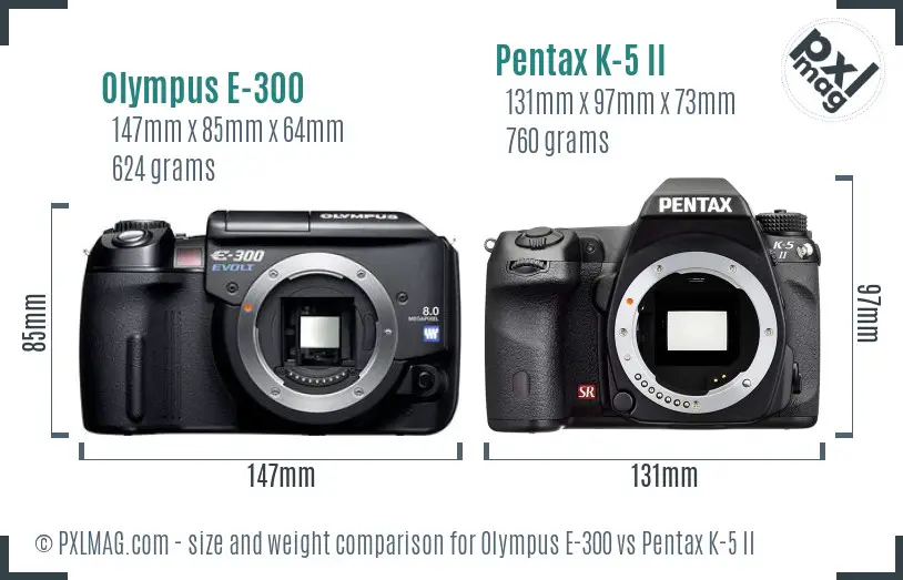 Olympus E-300 vs Pentax K-5 II size comparison
