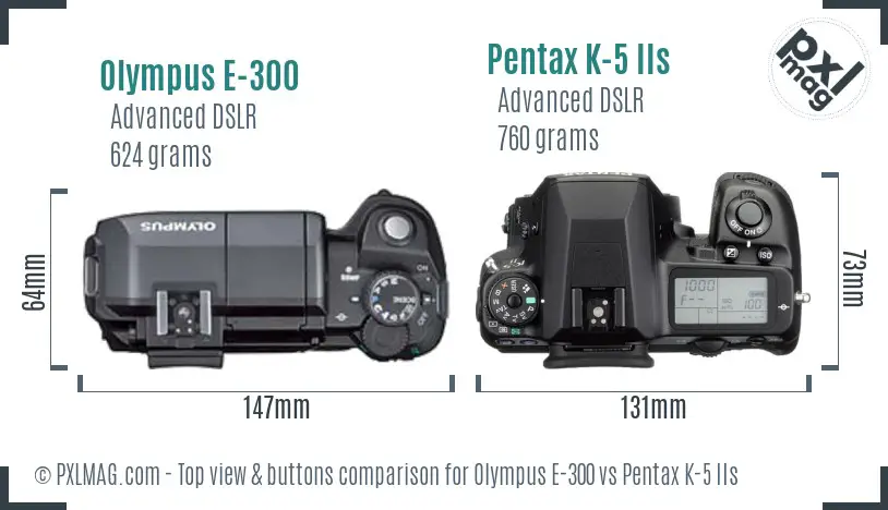 Olympus E-300 vs Pentax K-5 IIs top view buttons comparison