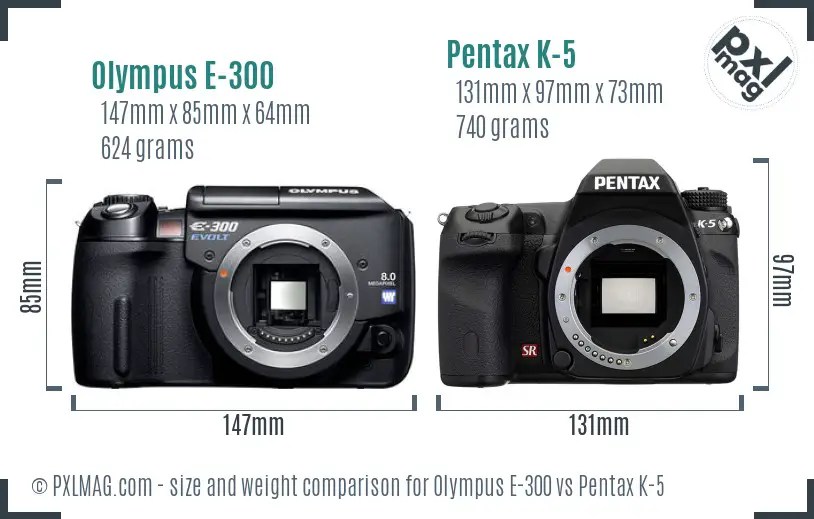 Olympus E-300 vs Pentax K-5 size comparison