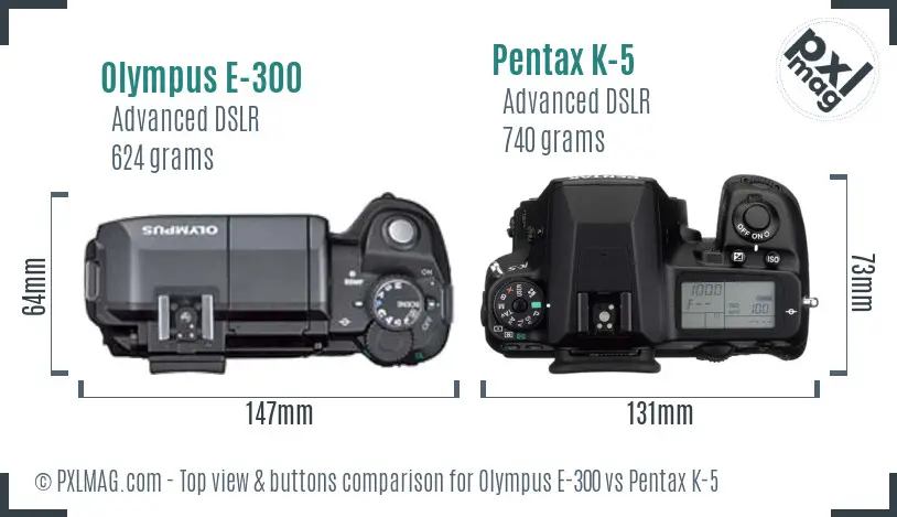 Olympus E-300 vs Pentax K-5 top view buttons comparison