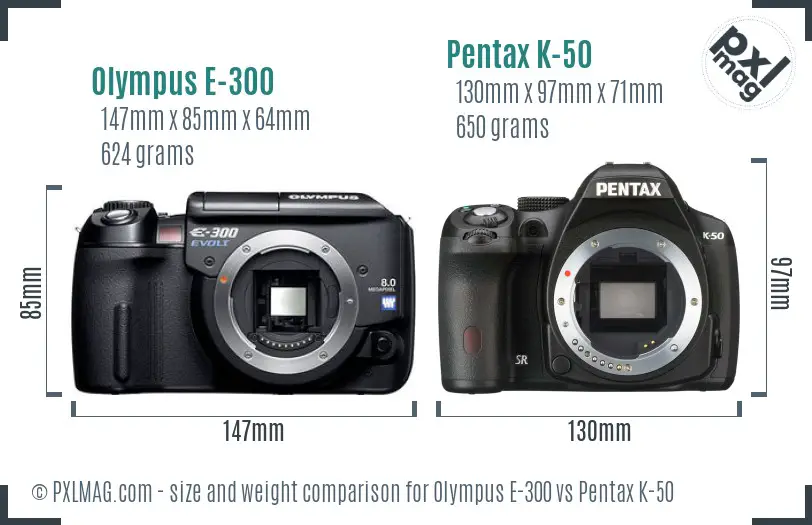 Olympus E-300 vs Pentax K-50 size comparison